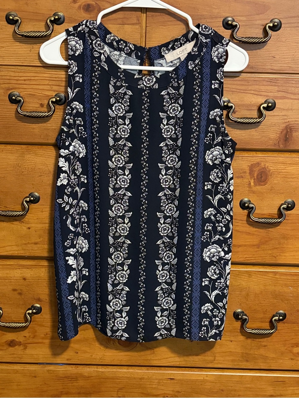 LOFT Navy and White Floral Sleeveless Shell Top